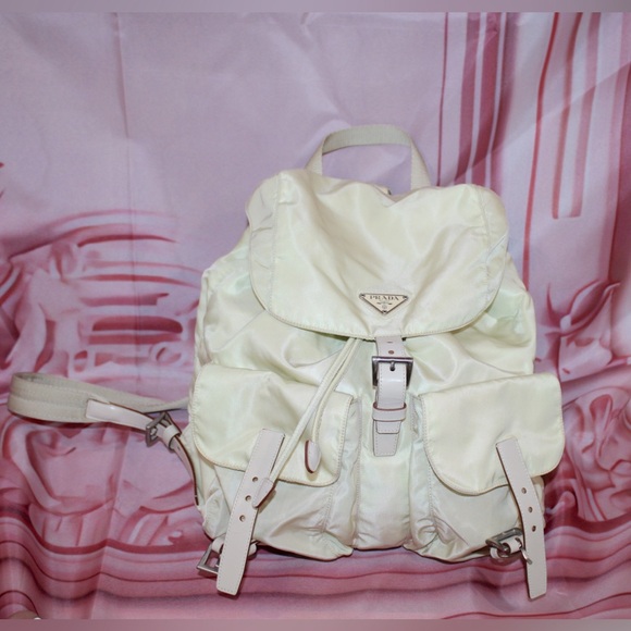 PRADA Cream Vela Nylon and Leather Backpack Bag Purse - Picture 1 of 17